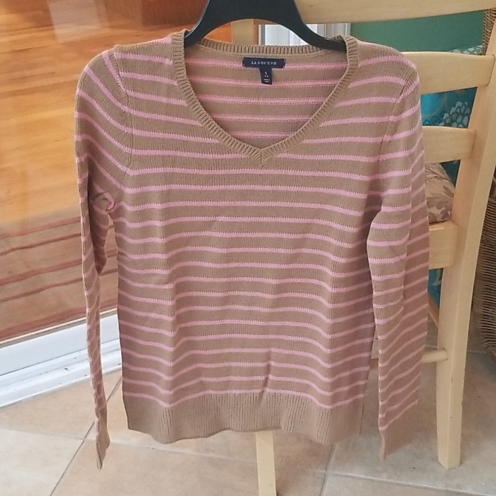 Lands End mocha and pink striped sweater small